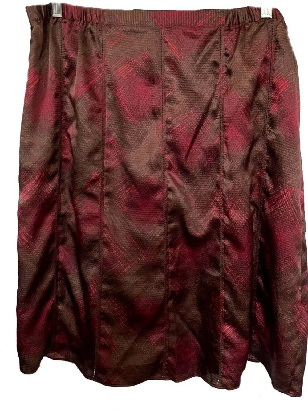 Womens Jaclyn Smith Skirt, Silky, Maroon Print, Gored, Part Elastic Waist, Zip